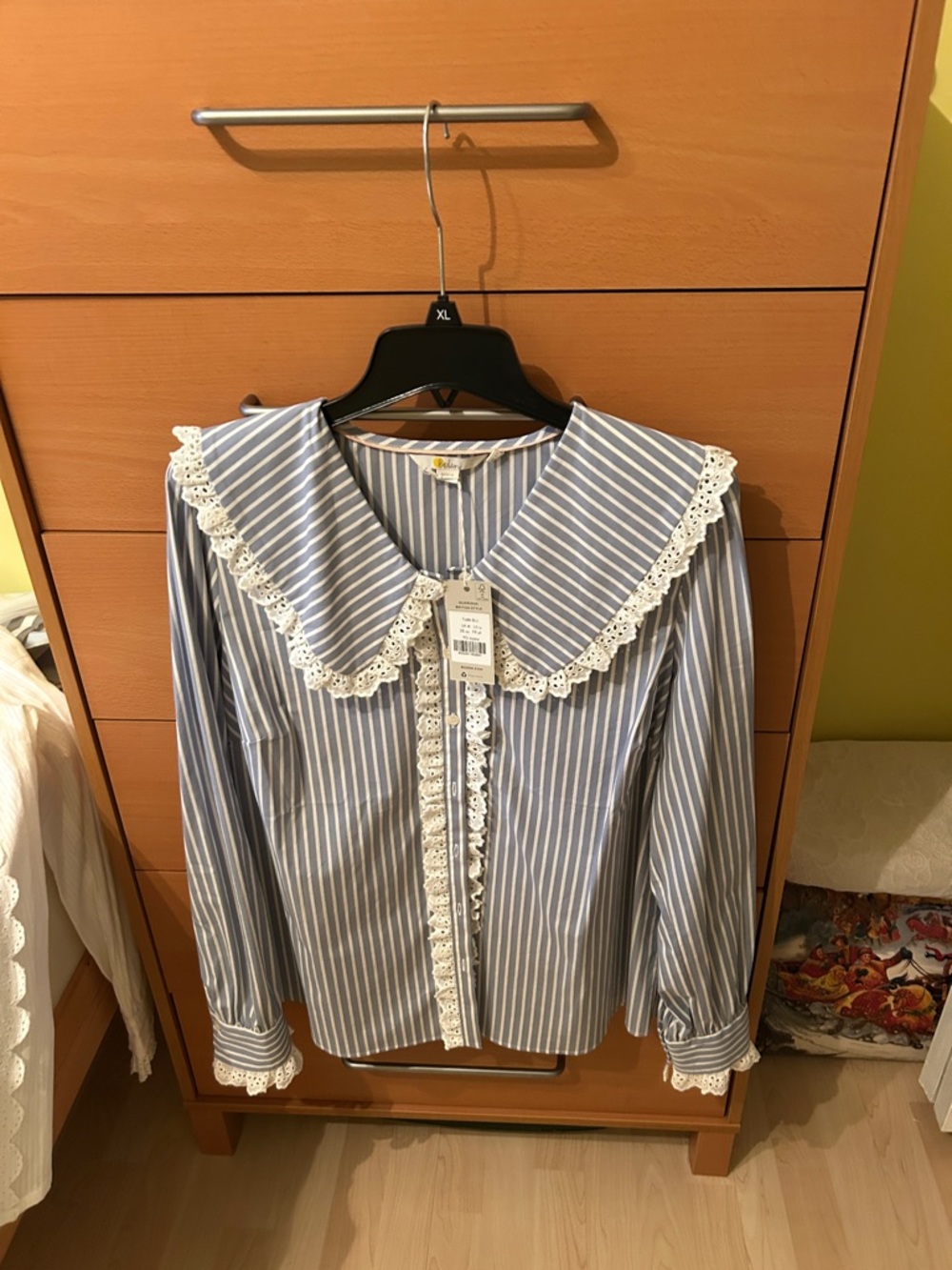 Boden Blue and White Striped Lace-Trim Button Front Blouse